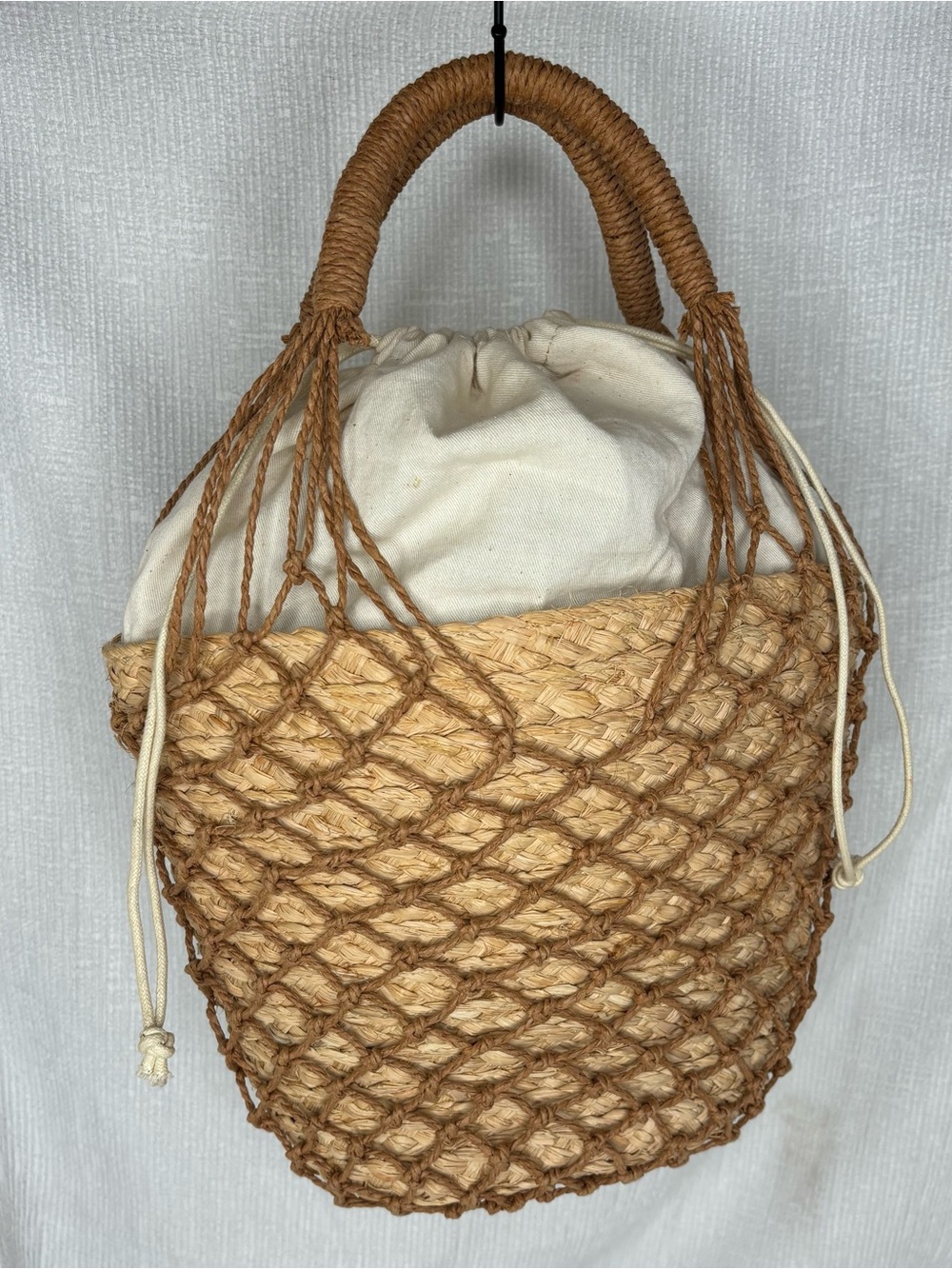 J. Crew Natural Woven Tote with Cream Drawstring Liner
